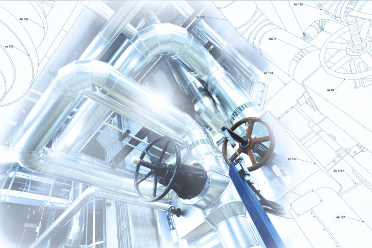 Sketch,Of,Piping,Design,Mixed,With,Industrial,Equipment,Photo